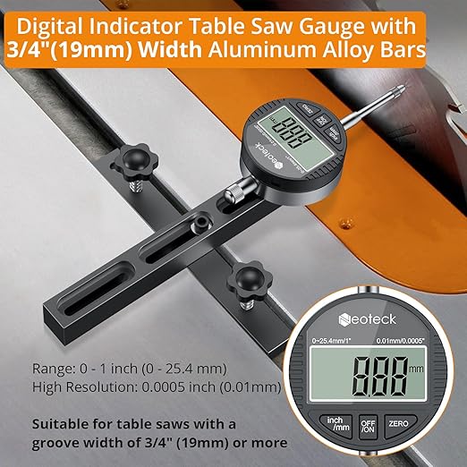Neoteck 0-1'' Digital Dial Indicator Table Saw Gauge Suitable for Table Saws with a Groove Width of 3/4" (19mm) or More for Aligning and Calibrating Work,Shop Machinery,Band Saw and Drill Press-Black