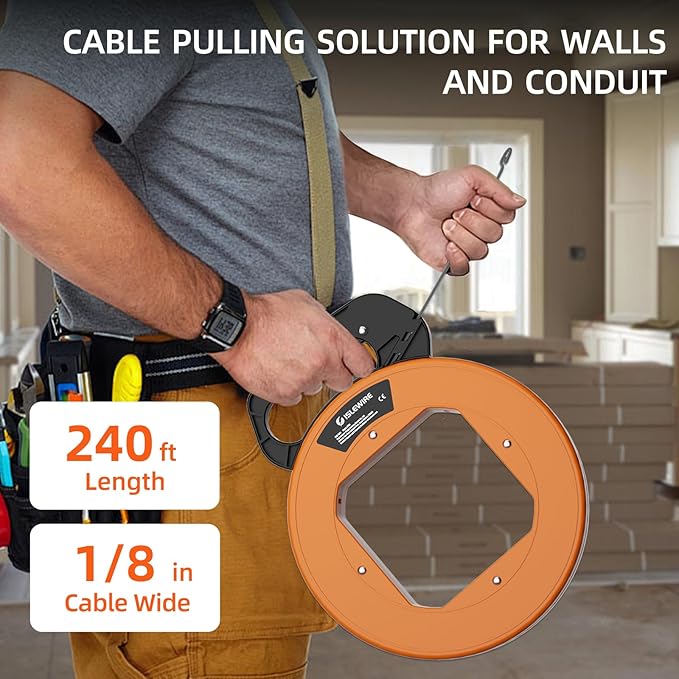240 ft Electrical Fish Tape, 1/8-Inch Steel Wire Puller with Formed Hook, Easy-to-Use Cable Puller Tool with Ergonomic Handle & Durable Housing for Walls and Electrical Conduit