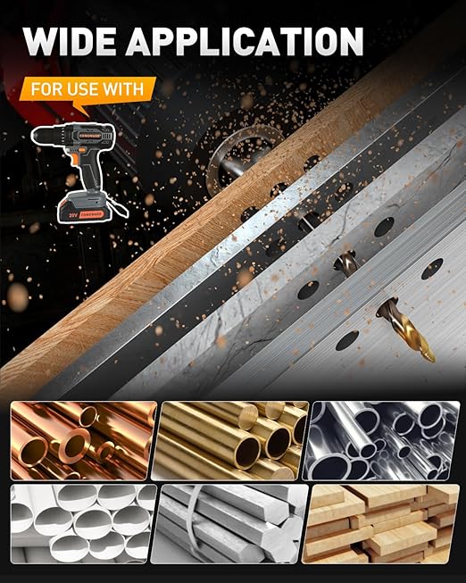 COMOWARE 15Pcs Stepped Point Drill Bit Set, 1/16" – 3/8" Drill Bit Index,HSS M2 Jobber Drills Bits, No Pre-Drilling, Titanium-Coated, 3-Flat Shank, Drills Bits Set for Metal/Plastic/Acrylic/Wood