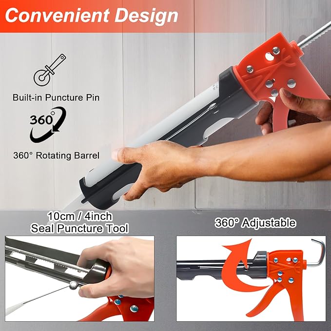 Caulk Gun, No Drip Silicone Caulking Gun,Hand Caulking Gun with Comfort Grip and 360° Rotary Design, 15:1 Thrust Ratio Caulk Guns, Smooth Round Rod for 10oz Caulk Tubes, Ideal for Tiles, Window Joints