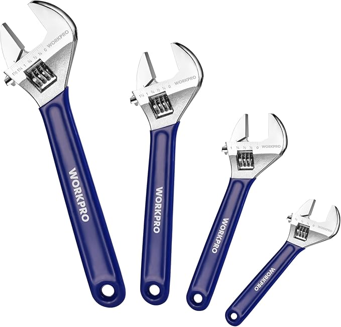 WORKPRO 4-Piece Adjustable Wrench Set (6", 8", 10", 12") – Heavy-Duty, Wide Jaw Wrenches with Laser-Etched Metric & SAE Scales, Comfortable Grip for Automotive, Plumbing & Repairs