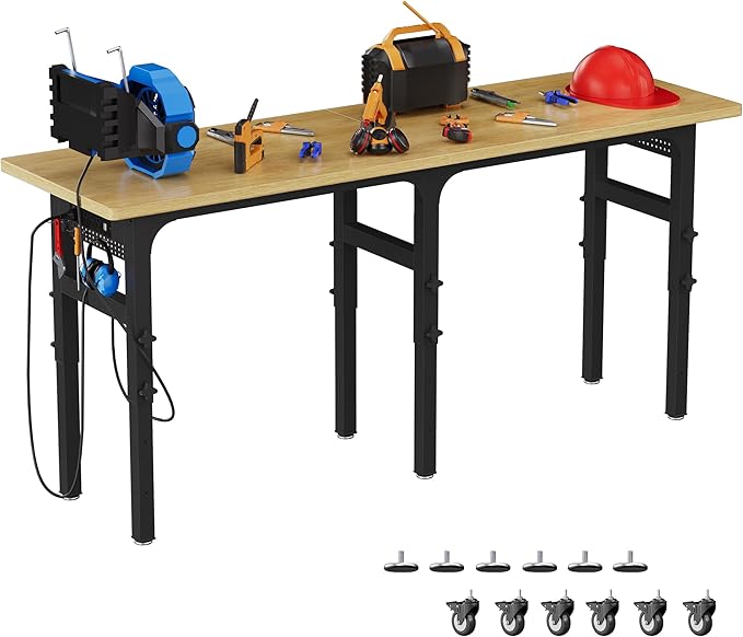 83" Heavy Duty Work Bench with Wheels, Adjustable Height 3000 Lbs Garage Workbench w/Pegboard Pad & Power Outlets, Portable Mobile Tool Work Table for Woodworking Workshop Home Office (83" L)