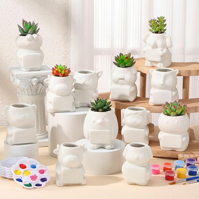 Hushee 12 Sets DIY Ceramic Succulent Pots Ready to Paint Animal Planters - Image 3