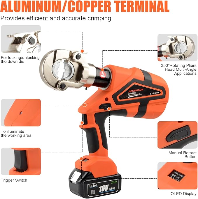 Electric Hydraulic Crimping Tool, Battery Cable Crimper Tool, 8 Ton Wire Crimpers Electrical, Crimping Rang 8AWG-600MCM(10-300m²) and Electrical Crimping Tool 12 Pairs of Dies (JGS-300S)