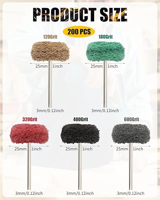 Rocaris 300 Pcs Abrasive Buffing Wheels, 1 inch Abrasive Buffing Polishing Wheels Burr for Rotary Tools-1/8(3mm) Shank, 120Grit, 180Grit, 320Grit, 400Grit, 600Grit