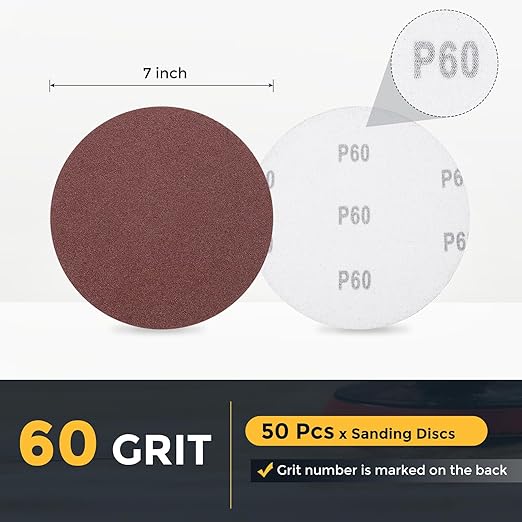 HARFINGTON 50 Pcs 7 Inch Sanding Disc 60 Grit Hook and Loop Sandpaper Random Orbital Sander Pads for Woodworking Automotive Metal Polishing