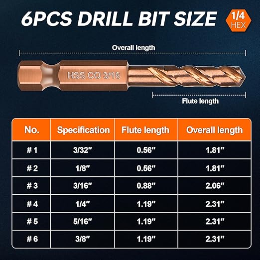 M35 Cobalt Stubby Drill Bits, 6PCS Short Drill Bits for Metal, 1/4" Hex Shank with Storage Case, Sizes 3/32"-1/8"-3/16"-1/4"-5/16"-3/8" Cobalt Drill Bit Set for Hardened Steel Carbide Wood Plastic