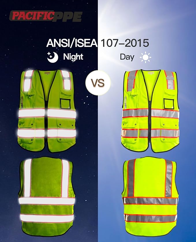 PACIFIC 10 Pockets Safety Vest for Men, 3M High Visibility Reflective Strips with Pockets and Zipper, ANSI Class 2, Yellow, Large