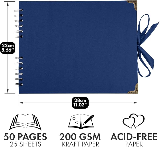 Bstorify Square Scrapbook Photo Albums 50 Pages Blue Thick Paper, Ribbon Closure - Image 2