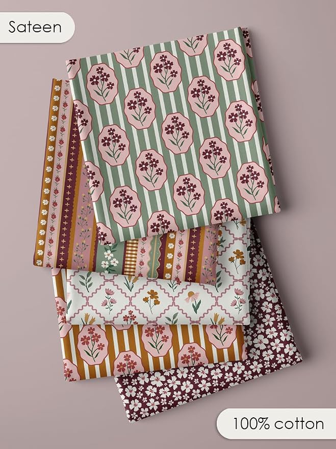 Boho Floral Cotton Fabric Bundle, 5 Coordinating Fabric Panels, 23.6 x 11.8 in - Image 4