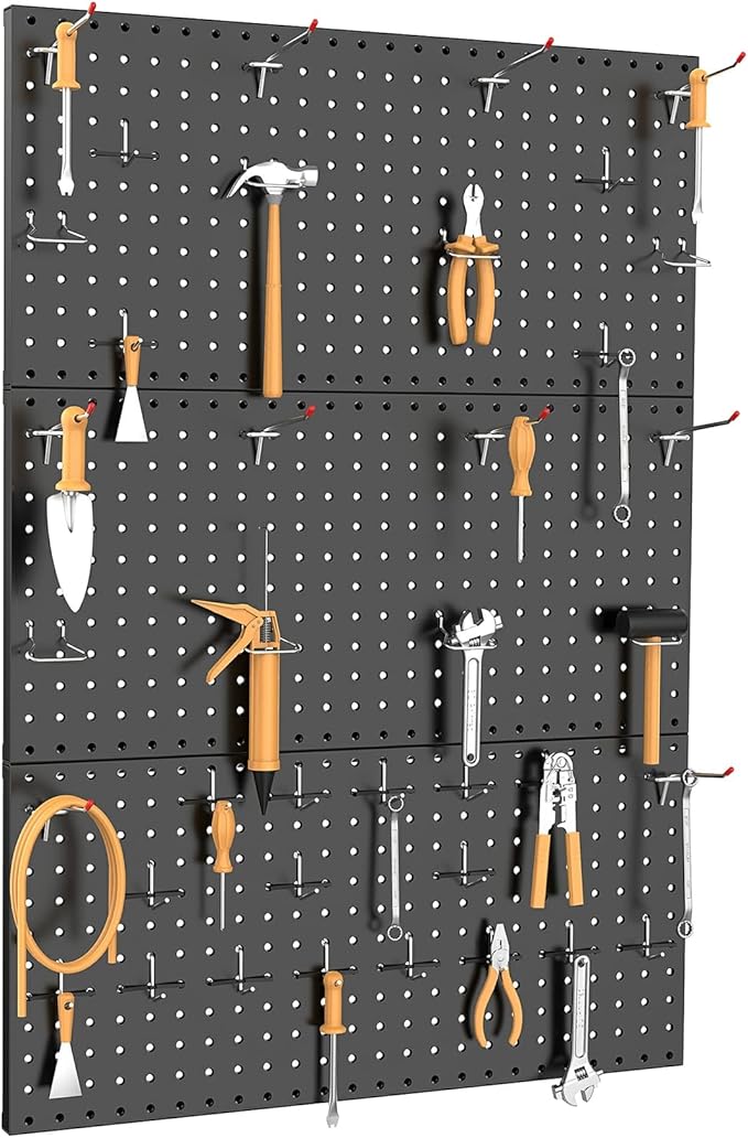 TORACK 3 pcs Metal Pegboard Panels for Wall Garage Utility Tools Storage Pegboard for Workbench, Shop, Modular Peg Board Tool Organizer Boards(Pack of 3, Black)