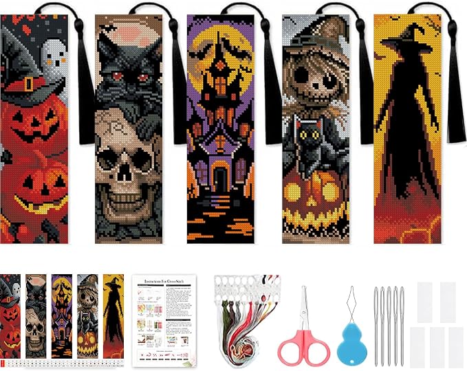 VIGEGU 5 Pcs Cross Stitch Kits for Beginners, Halloween Stamped Cross Stitch by VIGEGU