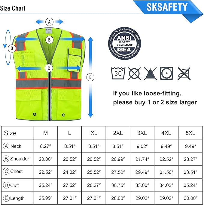 SKSAFETY 10 Pockets Safety Vest, Class 2 High Visibility Security with Zipper Double-sided mesh, Hi Vis Vest with Reflective Strips, ANSI/ISEA Standard, Construction Work Vest （Lime, XL）