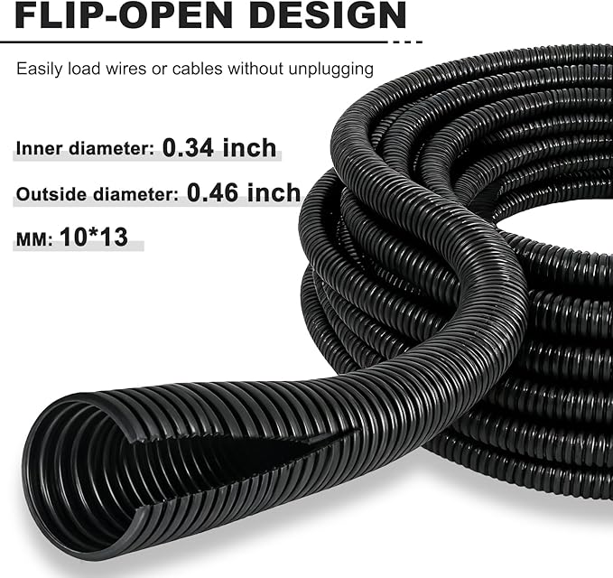 50FT 3/8 inch Split Wire Loom Tubing Kit with 2 Clamps - Flexible Abrasion Resistant Conduit for Automotive, Mechanical Cable Protection
