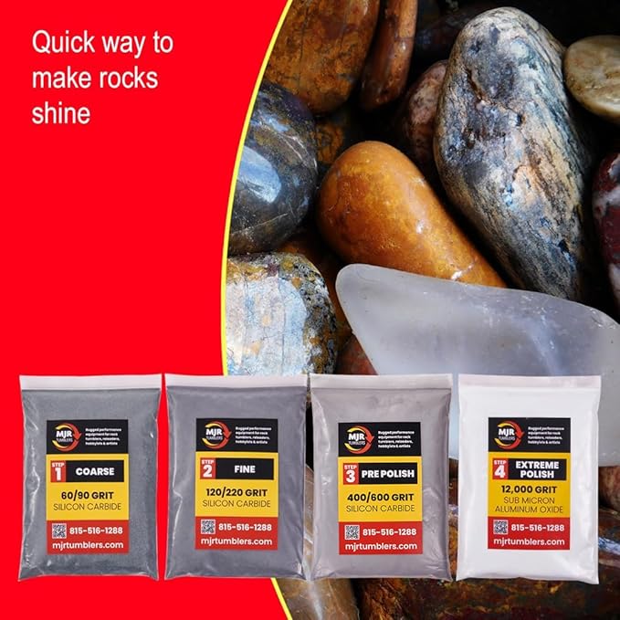 Refill Grit Kit w MJR Tumblers Premium Quality Extreme Polish 12,000 Grit Sub Micron Aluminum Oxide Polish for Unparalleled Results. For 3lb Rock Tumblers w Silicon Carbide, Disabled and Veteran Owned