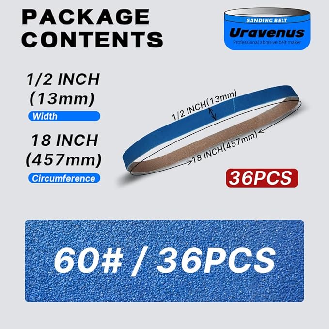 1/2 x 18 Inch Sanding Belts, 36 Pcs 60 Grit, Zirconia Sanding Belts for Medium-Duty Metal Polishing, Woodworking, Surface Smoothing