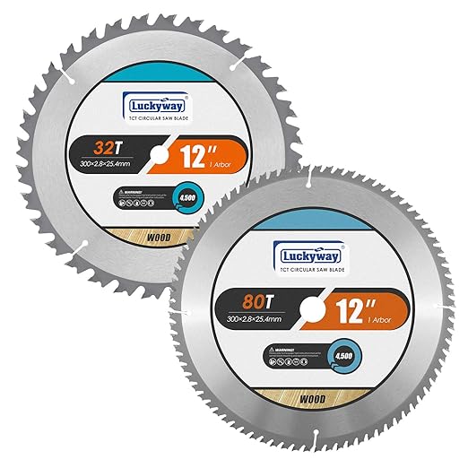 Luckyway 12 Inch Miter Saw Blades 32T General Purpose & 80T Fine Finish with 1 Inch Arbor TCT Saw Blade for Cutting Wood 2-Pack