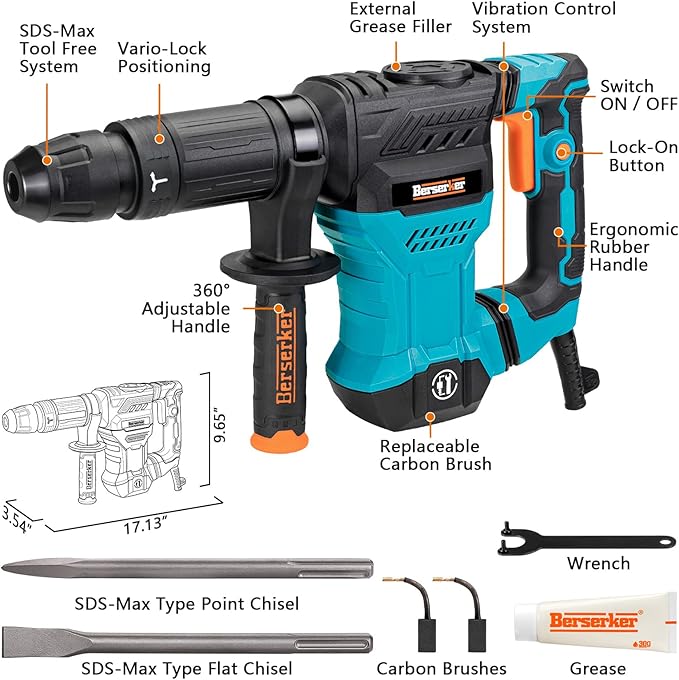 Berserker 1300W 12-Pound SDS-Max Demolition Jack Hammer, 1-9/16" 11-Amp Small Corded Electric Demo Chipping Hammer for Floor Tile Removal, Concrete Breaker with Carrying Case & 2 Chisels
