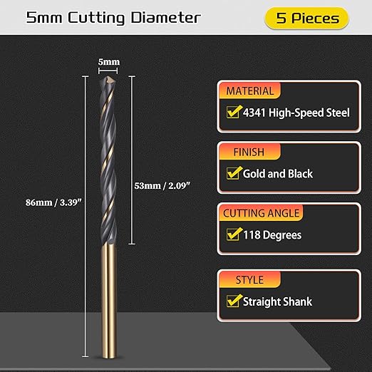 Drill Bit, 5mm Cutting Diameter, 4341 HSS Gold and Black 118° Cutting Angle Number Jobber Bits - (Applications: for Drilling Soft Metal Plastic Wood), 5-Pieces