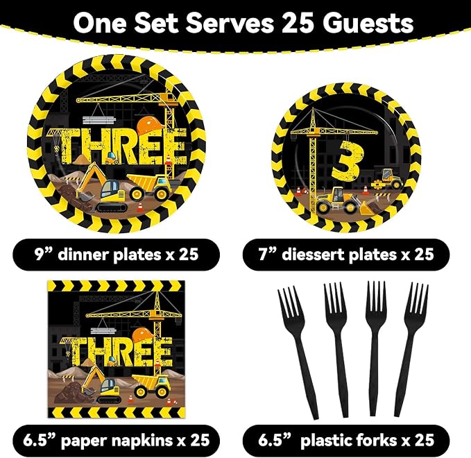 100 Pcs Construction 3rd Party Plates and Napkins Set 3 Years Old Birthday - Image 2