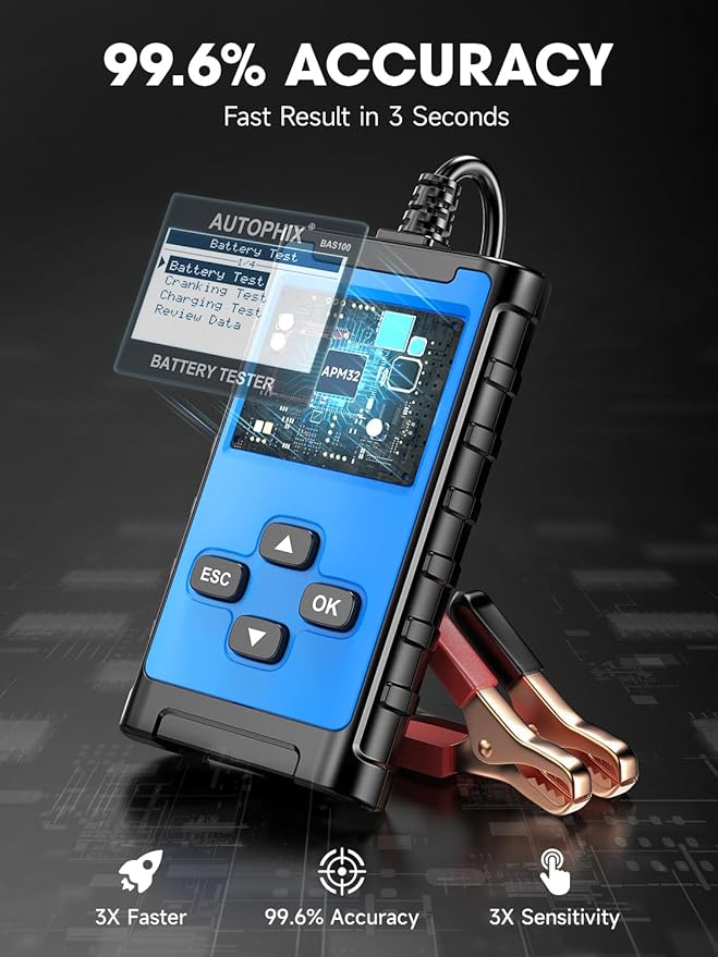 AUTOPHIX BAS100 Car Battery Tester 12V 24V, Accurate Automotive Load Meter Alternator Analyzer 100-2000 CCA Load Tester, Charging & Cold Cranking Test for Cars Truck Motorcycle Boat and More