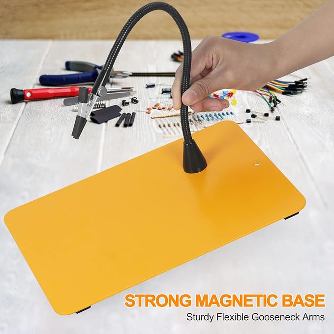 Magnetic Helping Hands Soldering Third Hand with 3X & 6X LED Magnifying Lamp, Hot Air Gun Holder,12V Solder Fume Extractor, Extra Large & Heavy Duty Base, Four Arms Solder Station for Soldering PCB