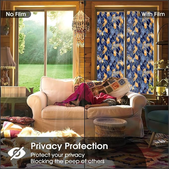 Golden Yellow Blue Leaf Mosaic Window Films Decorative Double-Side Privacy Film - Image 4