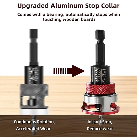 7-Piece Countersink Drill Bit Set with Aluminum Alloy Stop Collar, a Screwdriver Bit, 5 HSS M2 Tapered Bits and a Wrench, 1/4" Hex Shank Countersink Drill Bit for Woodworking
