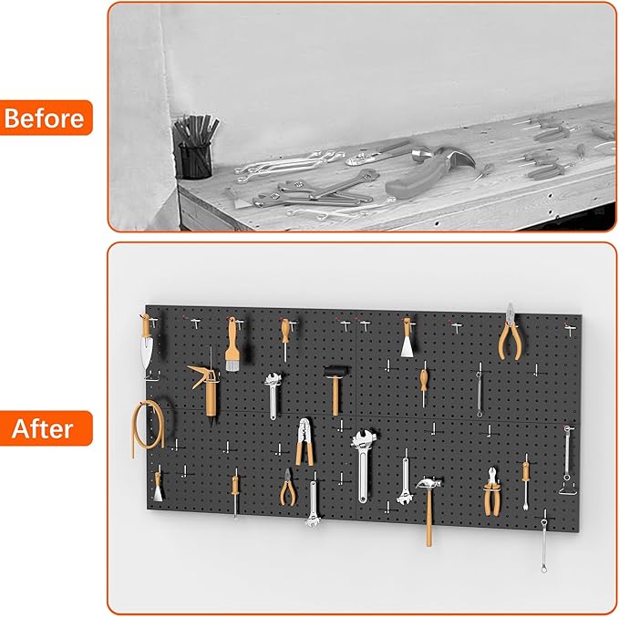 TORACK 4Pcs Metal Pegboard Panels(12"*24") for Wall, Garage Tools Pegboard System for Workbench, Modular Peg Board, Tool Organizer Board Kit for Pegboard Hooks(Pack of 4, Black)