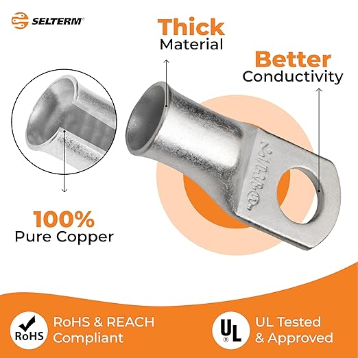 SELTERM 15pcs 1/0 AWG 3/8" Stud UL Marine Grade Battery Terminal Connectors Tinned Copper Battery Cable Lugs 0 Gauge Wire Connectors Electrical Battery Cable Ends Ring Terminals Tinned Copper Lugs