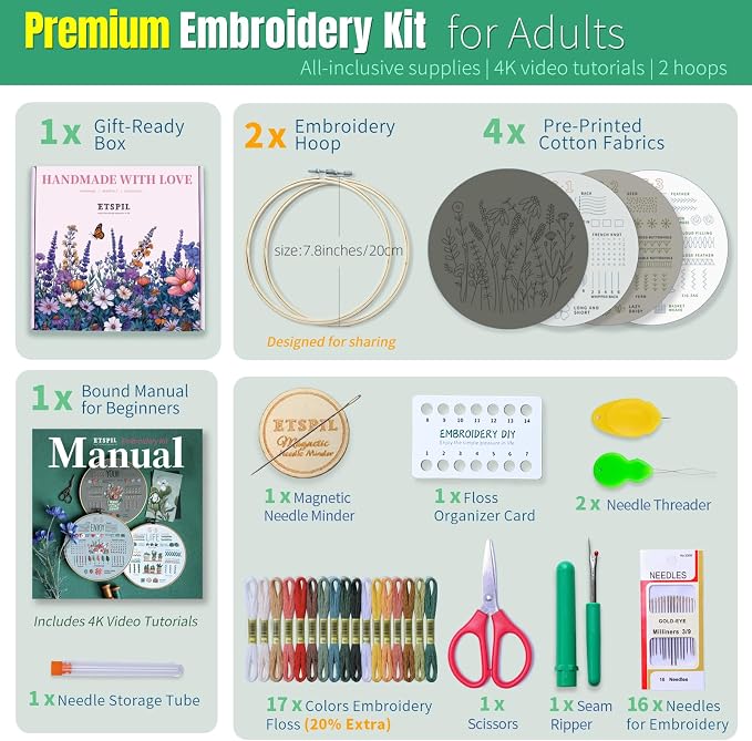 ETSPIL Embroidery Kit for Adults, 2 Hoops, 4K Slow-Mo, Pre-Printed Patterns | - Image 3