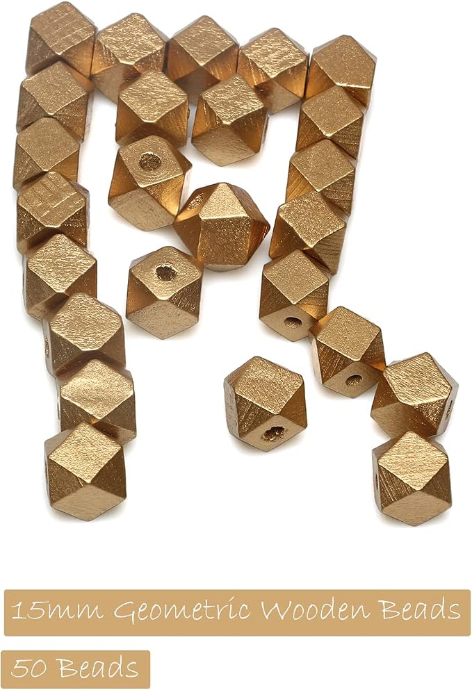 50pcs 16mm Gold Geometric Wooden Beads, Wood Smooth Loose Spacer Beads - Image 5