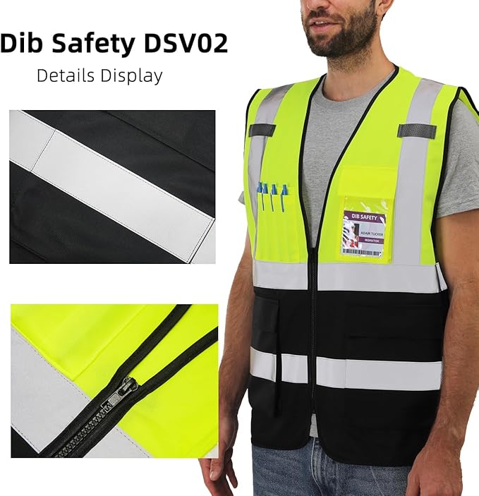 Dib Safety Reflective Vest High Visibility with Pockets and Zipper, Yellow and Black 2XL