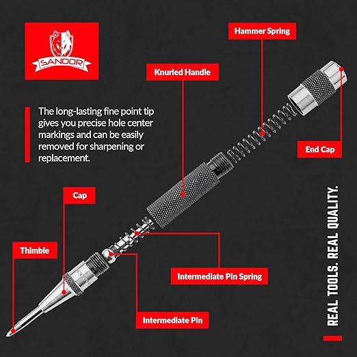 Heavy Duty Automatic Center Punch with Hardened Steel - Pack of 2 Premium Universal Metal Hand Tool for Machinists and Carpenters Spring Loaded with Adjustable Knurled Cap and Hard-Shell Carry Case