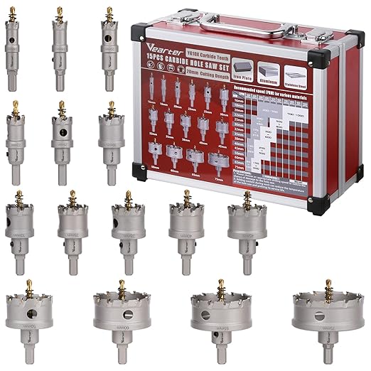 TCT Lochsägen Set 15 Stück/Satz 16–75mm, Hartmetall Bits mit Zentrierbohrer, für Hartmetall, Edelstahl, Baustahl, Aluminiumlegierung, Kupfer, Eisen, Kunststoff und Glasfaser