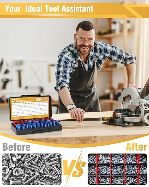 Thread Checker, 52pcs Nut and Bolt Thread Checker, 28 Inch & 24 Metric Box Set Thread Gauge, Bolt Size Finder for Size Check on Tricky and Narrow Area
