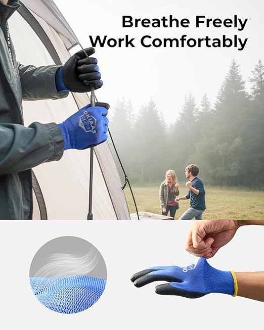 OKIAAS Men's Large Red Ultra-Thin Lightweight Working Gloves with Grip, 12 Pairs Bulk Pack Construction Gloves with Polyurethane Coating, Safety Gloves for Light Duty Work