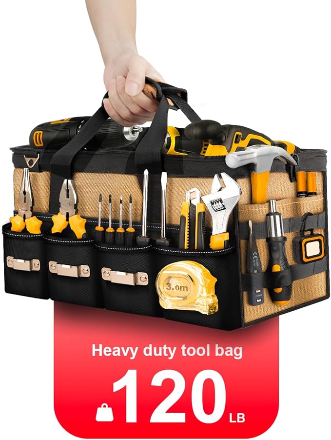 18 Inch Heavy Duty Tool Bag-48 Pockets,1680D Tear&Abrasion Resistant,Includes Tool Pouch,Tool Belt,Magnetic Wristband&Adjustable Shoulder Strap | Tool Organizer(Brown)