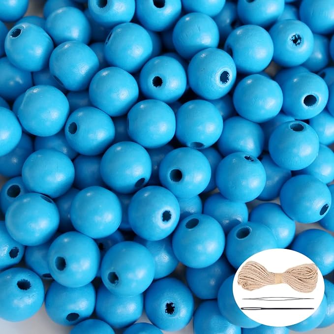 300Pcs Blue Wooden Beads with Hole, Round Loose Beads Natural Wood Spacer Bead by SMANTA