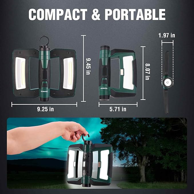 WORKPRO Rechargeable USB-C LED Work Light, Foldable Magnetic Light with Hanging Hook, 270° Rotatable, Tripod Mountable, Cordless Flashlight Light for Garage, Workshop, Auto Repair, Camping