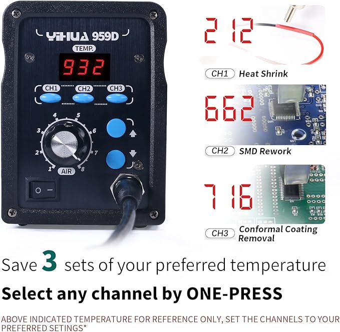 YIHUA 959D-Digital Hot Air Rework Station, High Power with 3 Memories, Airflow Efficiency, °F /°C Display, Accurate Temp.(212°F~932°F), Brushed Aluminum Panel & Safety Features