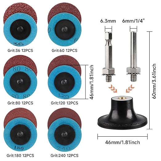 75Pcs 2 Inch Quick Change Sanding Discs Hardened Material Die Grinder Abrasive Set with 1/4" Roll Lock Holder Power Drill Accessories for Metal Wood Grinding Deburring Rust & Paint Removal