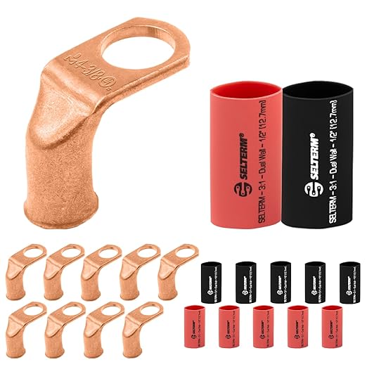 SELTERM 10pcs - 4 AWG 3/8" Stud - 90° Bent Battery Lugs - Ring Terminal Connectors with 12pcs 3:1 Black & Red 1/2" Heat Shrink Tubing - Heavy Duty Battery Cable Ends - Bare Copper Wire Connectors Kit