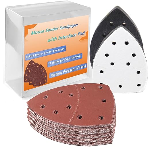 48pcs 152 * 105mm Sand Paper Mouse Sander Sandpaper 40-2000 Grits with 2pcs Detail Sander Paper Interface Pad Hook and Loop Triangle Sanding Pads with 11 Holes for Sanding Machine