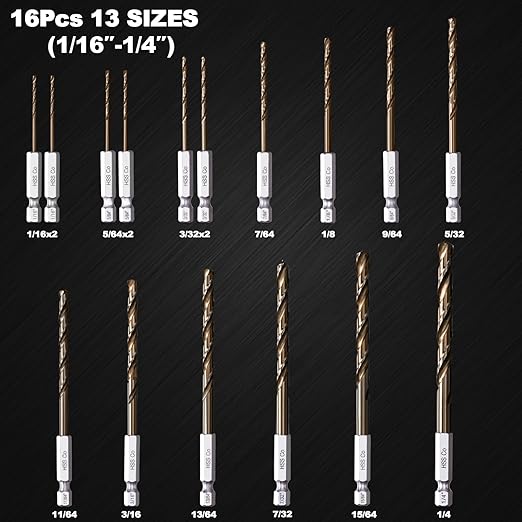 Hex Shank Cobalt Drill Bit Set 16Pcs 1/16"-1/4", M35 HSS Impact Driver Drill Bits for Metal and Hardened Steel, with Indexed Storage Case