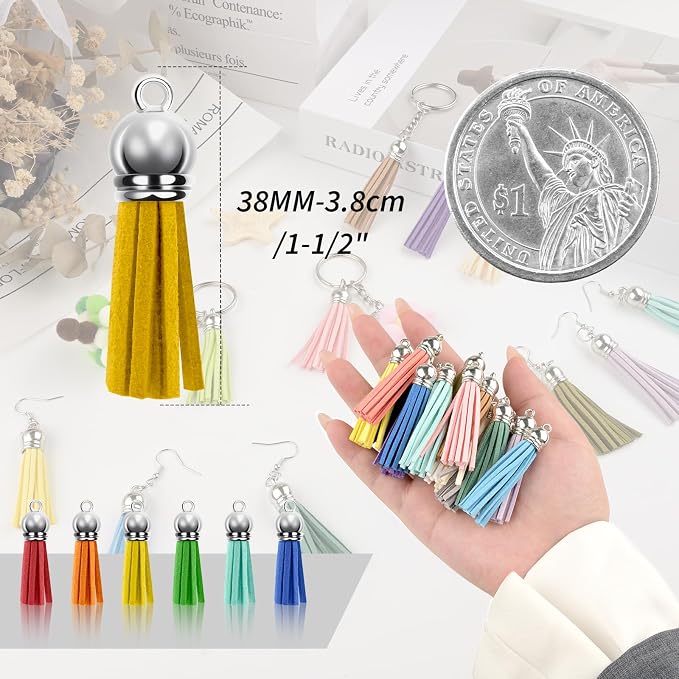 120 Pack Leather Keychain Tassels Charms Silver White Cap Multicolor Tassels - Image 3