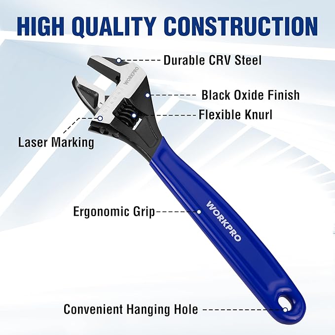 WORKPRO 5-piece Adjustable Wrench Set, 4-Inch & 6-Inch & 8-Inch & 10-Inch & 12-Inch Wrenches, Wide Jaw Black Oxide Wrench, Metric & SAE Scales, Cr-V Steel, for Home, Garage, Workshop