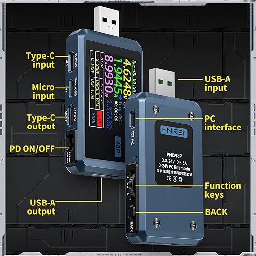 FNIRSI USB Tester 4-24V 6.5A LCD USB A&C Voltage Current Power Display Multimeter with App Software, Fast Charge Detection Trigger, PD2.0/PD3.0,QC2.0/QC3.0, CNC Metal Shell