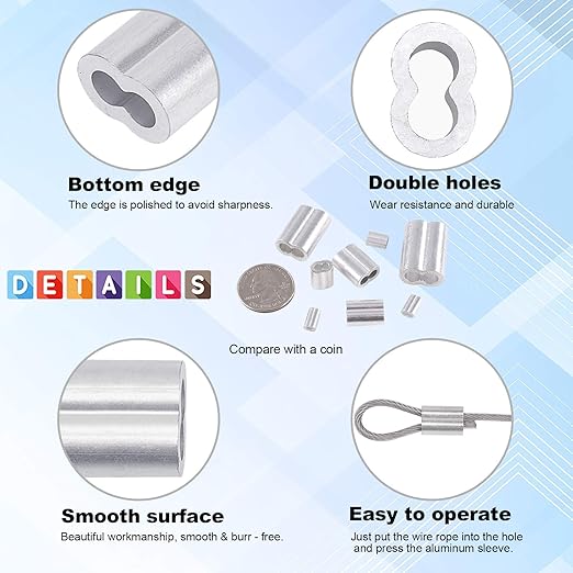 Glarks 200Pcs 3/32''(2.5mm) Aluminum Crimping Loop Sleeve Wire Rope Sleeves Double Barrel Ferrule for Wire Rope and Cable Line End (3/32''-200Pcs)