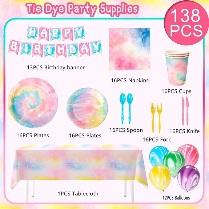 Tie Dye Birthday Party Supplies, 16 Guests Tie Dye Party Tableware Set Colorful - Image 2